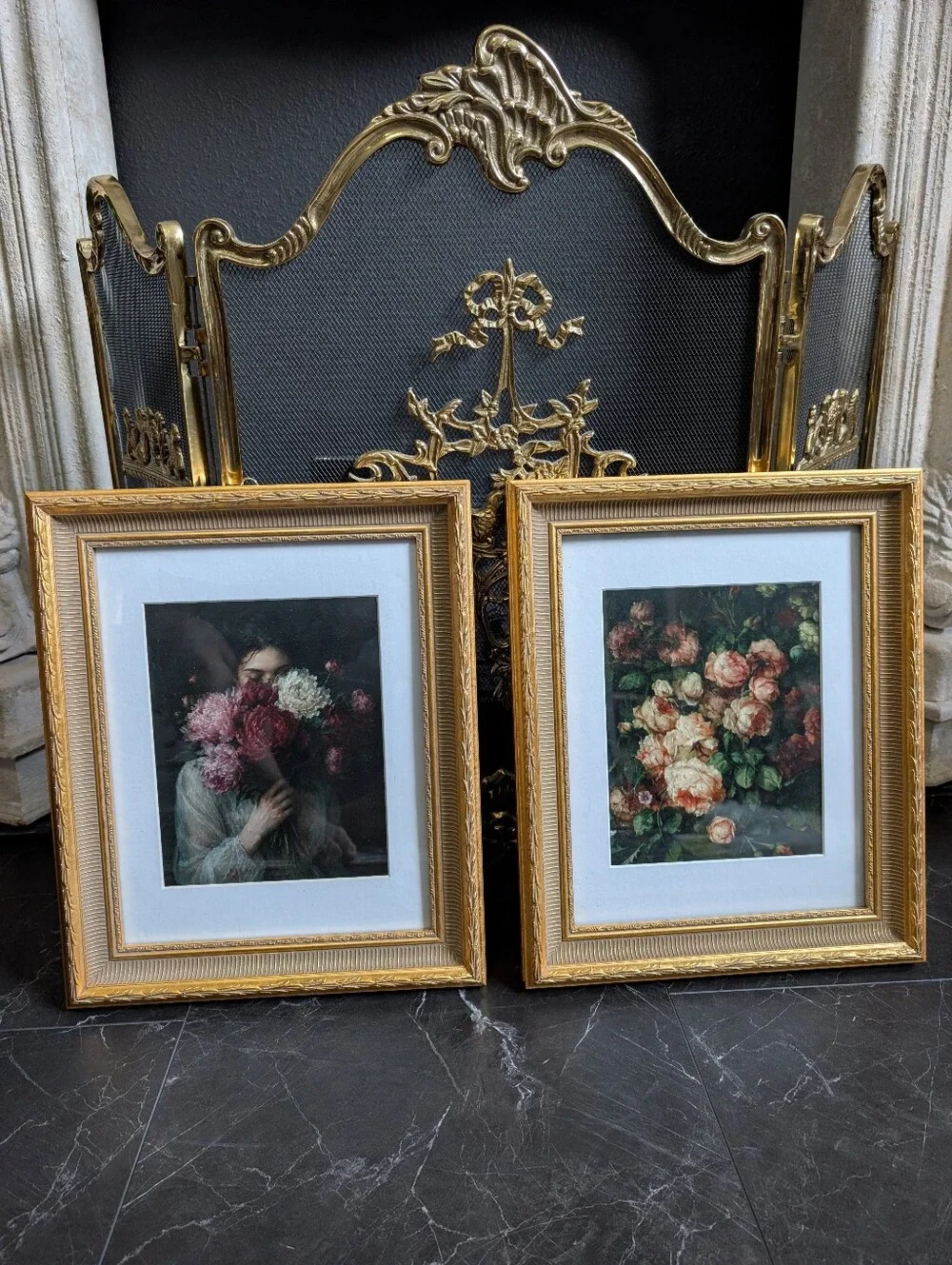 Vintage, set of 2, Gold Ornate Wood Resin Matted Frame w/ vintage style Prints